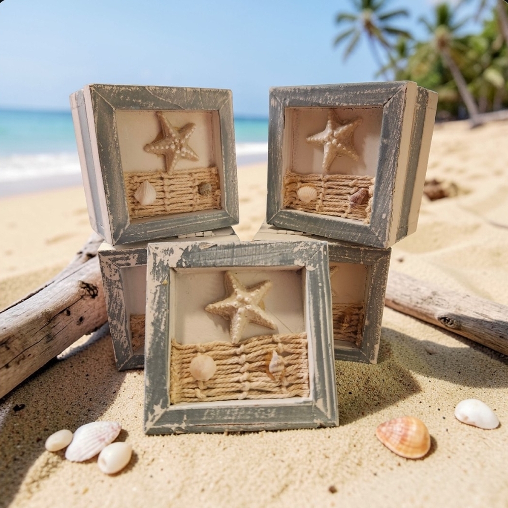Coastal Starfish Shadow Box - Distressed Gray Beach Accent Set Of 5